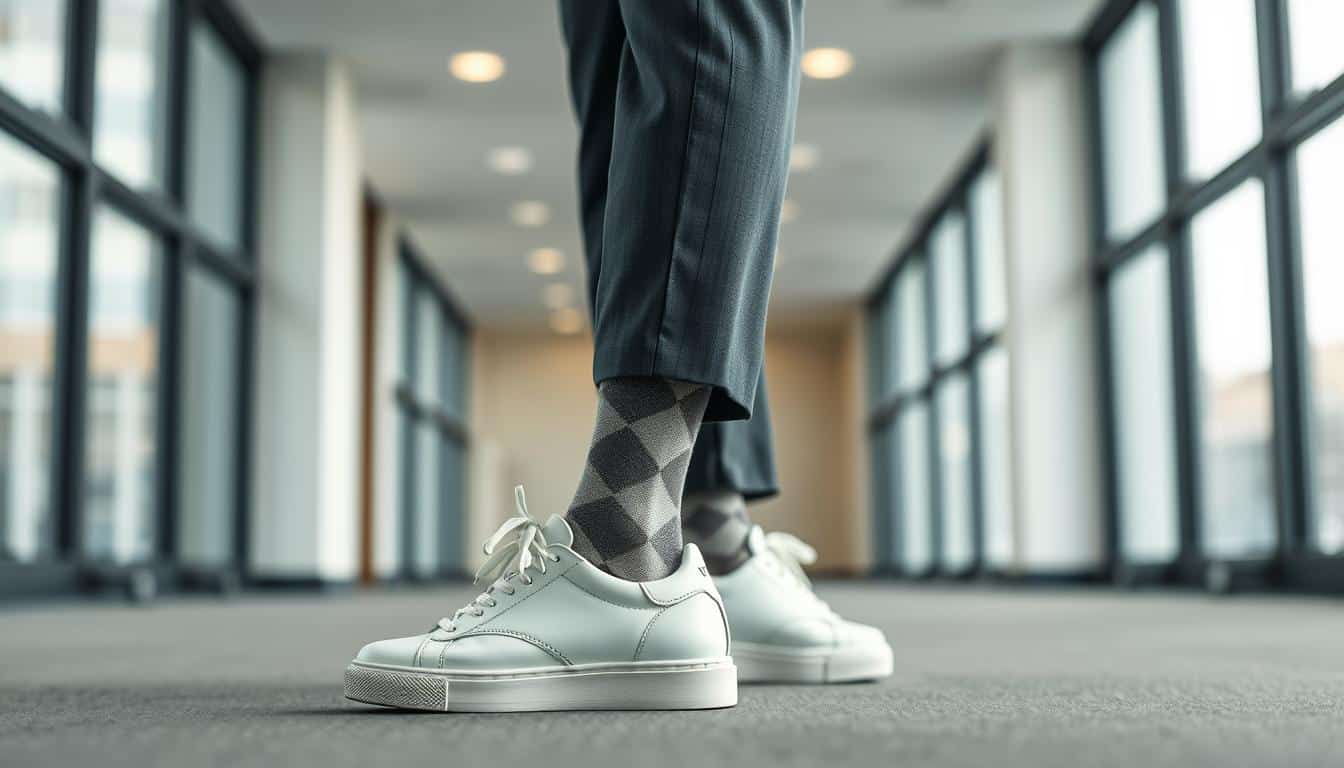 Welche Socken trägt man zu weißen Sneakers und Anzug?